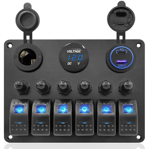 Panel de interruptor basculante marino de aluminio de 6 bandas, impermeable, para disyuntor de barco protegido, pantalla de voltaje digital, puerto