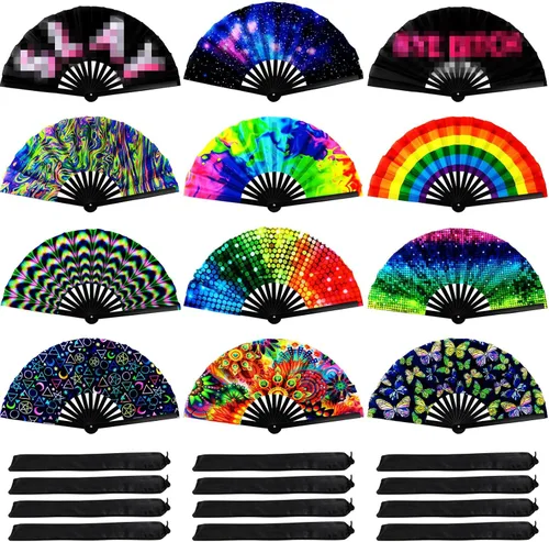 Qunclay - Ventilador de mano plegable grande brillante para festivales de baile en línea, 12 piezas, ventilador de mano chino japonés Clack para