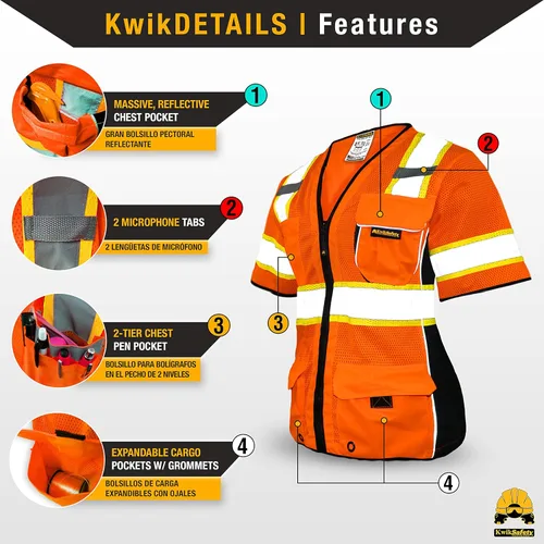 Miniatura 3 de KwikSafety - Charlotte, NC - Men's & Women's Class 3 Safety Vest PPE Hi Vis Reflective ANSI OSHA Naranja Mujer 1 Pack