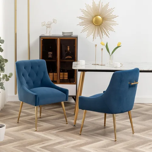 Juego de 2 sillas de comedor, modernas sillas de comedor de terciopelo con patas doradas, elegantes sillas de acento acolchadas para recepción, sala