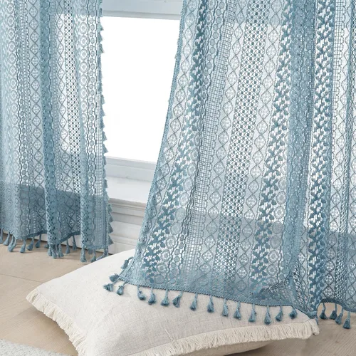 Miniatura 24 de WAZZIO Cortinas de Encaje, Cortina Boho de Crochet para Dormitorio, Cortinas de Café de Algodón, 45 Pulgadas de Largo, 2 Paneles con Bolsillo