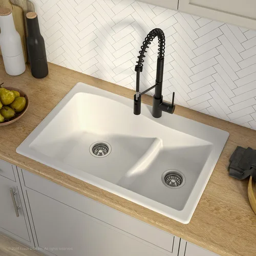 Miniatura 9 de Kraus Quarza - Fregadero de cocina de doble seno 60/40 de granito de 33 pulgadas para instalación empotrada/sobre encimera, color blanco