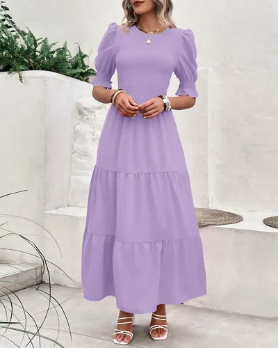Miniatura 139 de BTFBM Vestidos para mujer, cuello redondo, casual, de verano, con volantes, manga corta, bohemio, con niveles, fruncido, largo, con estampado floral