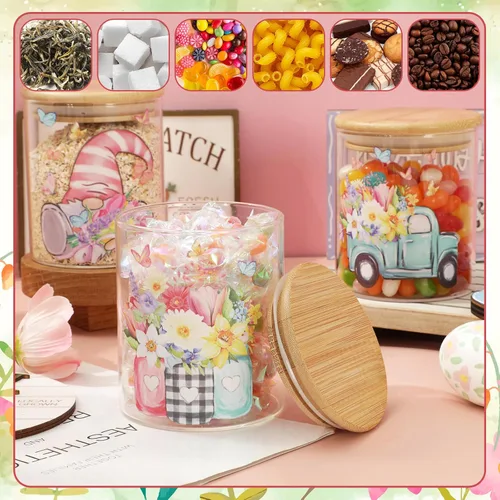 Miniatura 5 de JarThenaAMCS 3 Frascos de Almacenamiento de Vidrio Floral de Primavera con Tapa Hermética Tulipán Flor Gnomo Camión Mariposa Juegos de Recipientes