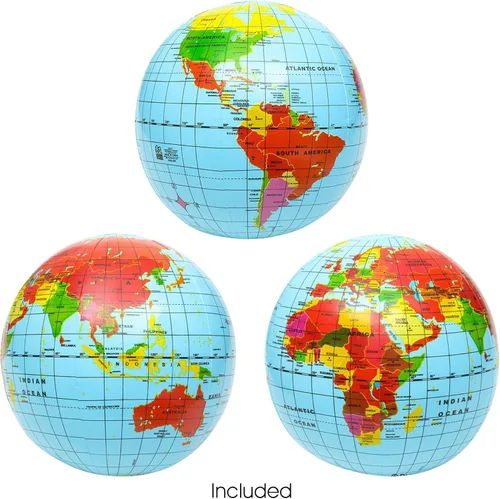 Miniatura 3 de ArtCreativity Juego de 6 bolas inflables de globo del mundo, estampado azul y transparente, mapa de tierra colorido, pelota de playa inflable de 16