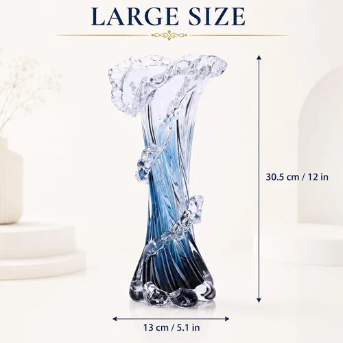 Miniatura 3 de Jarrón de vidrio soplado azul de 12 pulgadas de alto, florero costero soplado a mano de arte moderno, hermosos centros de mesa únicos de olas