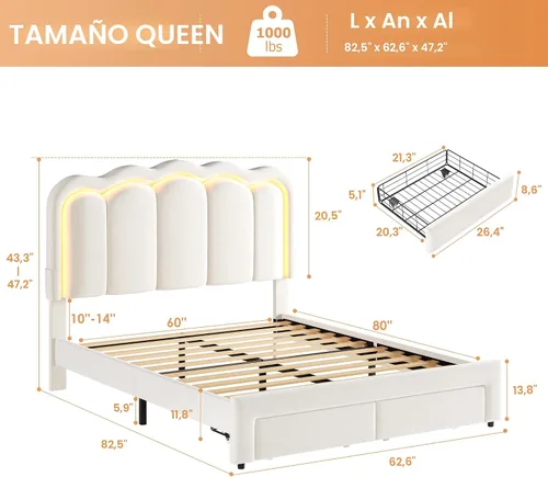 Miniatura 2 de Base de cama LED tapizada tamaño Queen con 2 cajones de almacenamiento y cabecera doble ondulada ajustable, cama de plataforma de princesa de Beige