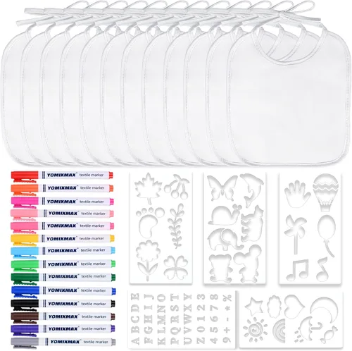 GOLDGE Deslumbra en baby showers con un kit de decoración de baberos de bricolaje de 44 piezas. 24 baberos, 6 plantillas, 14 marcadores. Regalo