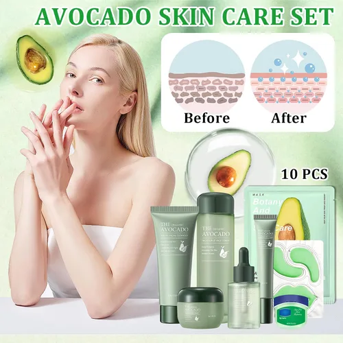 Miniatura 3 de Juego de 10 piezas de cuidado de la piel de aguacate con limpiador facial, tónico, suero facial, crema facial, crema para ojos, bálsamo labial
