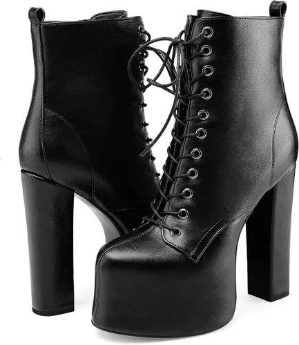 Miniatura 5 de Perisis Botines de plataforma de tacón alto grueso para mujer, botines de tacón con cordones de cuero a la moda con cremalleras