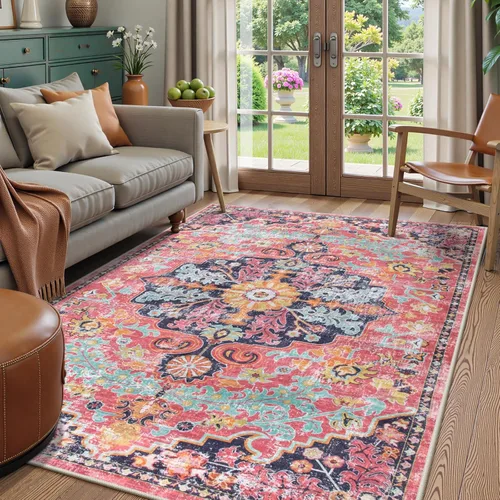 Miniatura 25 de Lahome Alfombra bohemia con medallón floral, 4 x 6 pies, color verde azulado, suave, lavable, antideslizante, apta para mascotas, alfombra