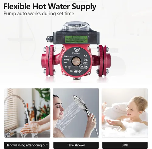 Miniatura 4 de WiseWater Bomba de circulación de 110 V con temporizador 130 W 12.68 GPM Bomba de recirculación de agua caliente con brida FNPT de 1 pulgada bomba