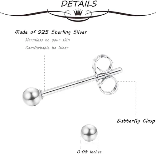 Miniatura 2 de Milacolato 6-12 pares de aretes de plata de ley 925 para mujeres y niñas, chapados en oro blanco de 14 quilates, 0.079 in, juego de aretes de bola