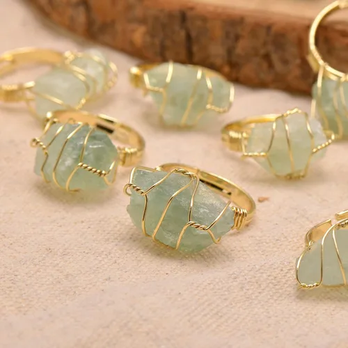 Miniatura 5 de Anillo envuelto en alambre de piedra áspera de cristal natural, tono de oro amarillo