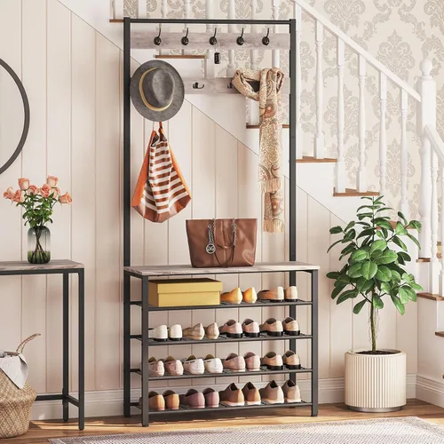 Miniatura 2 de HOOBRO Árbol de Pasillo, Perchero con Zapatero, Árbol de Pasillo con Banco, Organizador de Almacenamiento de Zapatos de 5 Niveles con 9 Ganchos
