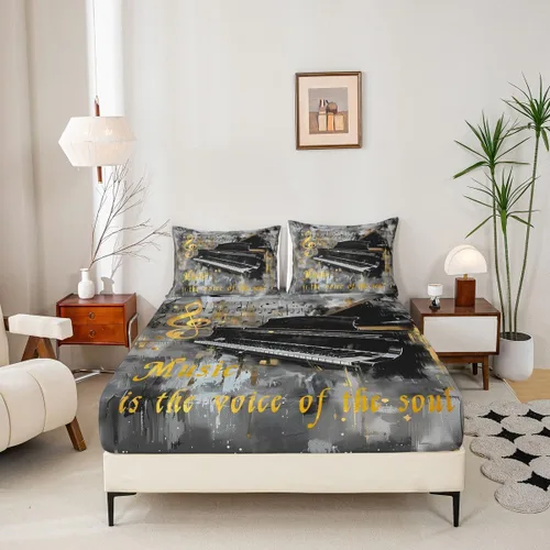 Miniatura 3 de Homewish Juego de sábanas de música de piano, tamaño Queen, juego de ropa de cama de notas musicales de 4 piezas para decoración de habitación