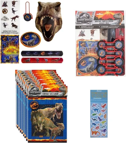 Unique El paquete de suministros para fiestas Jurassic World incluye 8 bolsas de botín de plástico, paquete de 48 piezas que incluye 8 hojas de