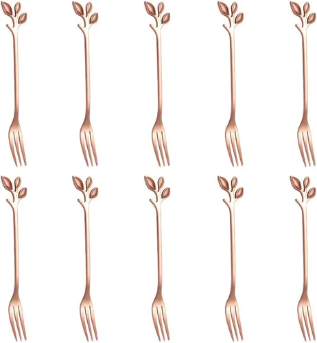 Miniatura 12 de AnSaw Juego de 10 Tenedores de Postre Mini Hoja Dorados - 4.7" Elegantes Tenedores de Acero Inoxidable para Frutas, Aperitivos, Pasteles y Ensaladas