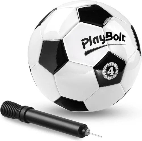 PlayBolt Soccer Ball Size 4 with Pump - Black & White Training Practice & Match Ball for Kids, Youth and Adults (Pack of 1 or 4)