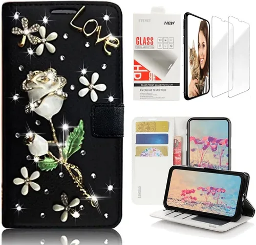 Miniatura 7 de Bling Wallet - Funda de cuero compatible con Samsung Galaxy A32 5G, elegante, diseño de corazón y corona hecha a mano en 3D con protector