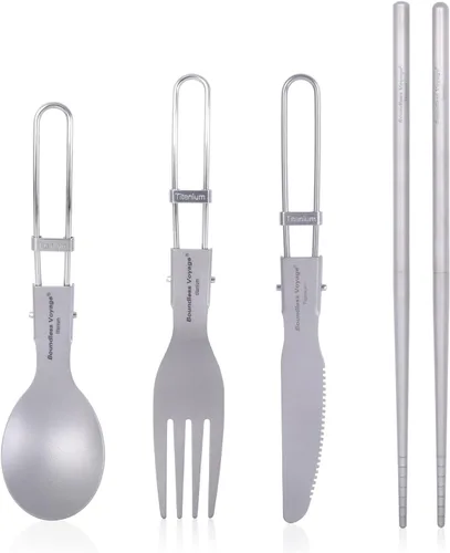 Miniatura 12 de iBasingo Cuchillo de tenedor de titanio con mango plegable, utensilios de vajilla ultraligeros para camping, picnic al aire libre, senderismo