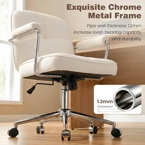 Miniatura 4 de Silla de oficina en casa con tela de felpa, sillas de escritorio modernas para computadora con respaldo medio con ruedas y reposabrazos acolchados