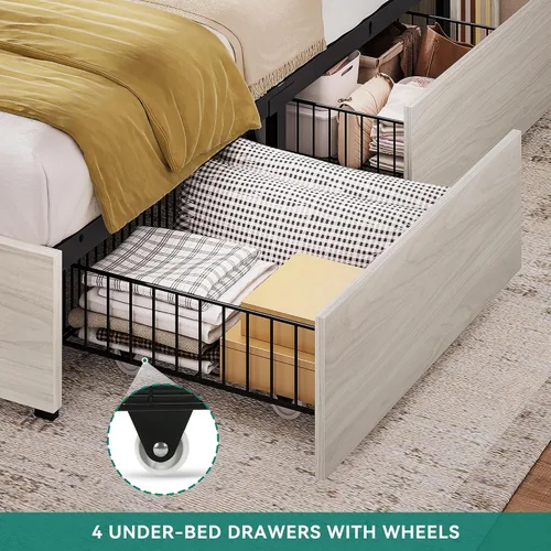 Miniatura 4 de DWVO King Size Bed Frame with Tall Bookcase Headboard and 4 Storage Drawers, RGB LED Bed Frame with Type-C & USB Charging Station Storage Headboard