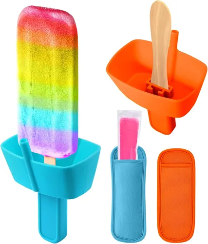 AIERSA Juego de 4 soportes para paletas y fundas para paletas de hielo para niños, sin goteo, soporte de silicona para paletas con popote y fundas