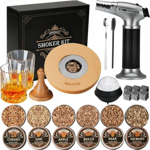 Miniatura 10 de Kit ahumador para whisky con antorcha - 6 sabores de astillas de madera, 2 vasos, 6 piedras para whisky, kit infusor para ahumar cócteles, kit Ébano