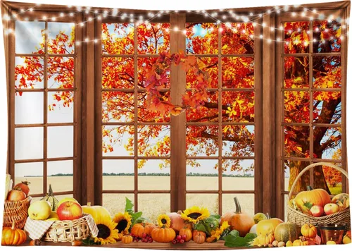 Miniatura 3 de Fondo de ventana de otoño para el día de Acción de Gracias, calabaza, hojas de árbol de arce, decoración de fiesta temática, cosecha de calabaza