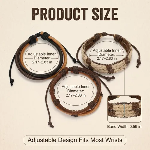 Miniatura 2 de Goufaju 3 pulseras de cuero vintage para hombres y mujeres, ajustables, pulseras de cuero trenzadas multicapa de cuero marrón