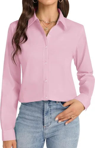Miniatura 19 de Camisas con botones J.VER para mujer con cuello elástico y manga larga de algodón, camisa de vestir casual de negocios para el trabajo