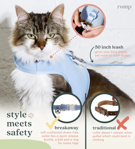 Miniatura 3 de Juego de arnés para gatos, collar y correa – Chaleco de arnés de velcro ajustable sin estrangulamiento para gatos y gatitos (algodón azul, S)