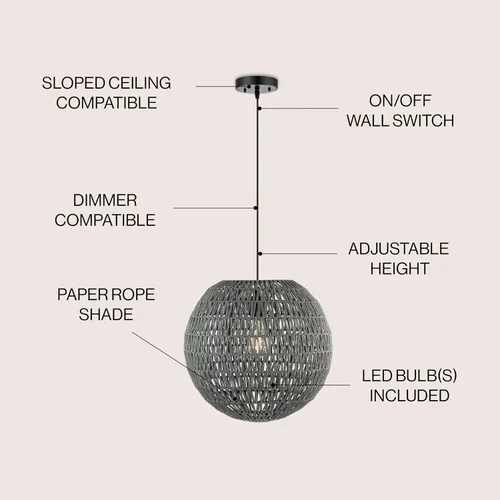 Miniatura 3 de JONATHAN Y Lámpara colgante LED tejida bohemia moderna de 16 pulgadas, color gris/negro, lámpara de techo colgante ajustable para isla de cocina
