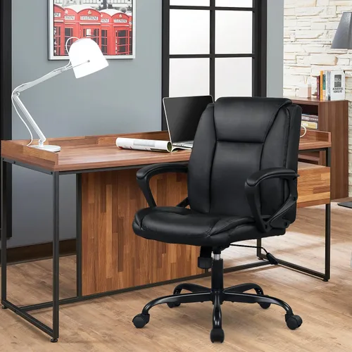 Miniatura 2 de Silla de oficina en casa, silla ergonómica de escritorio de piel sintética, silla ejecutiva giratoria con respaldo medio, silla de computadora