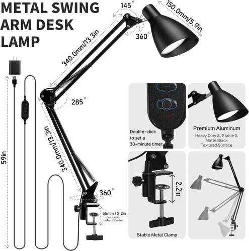 Miniatura 6 de Lámpara de escritorio con brazo oscilante con abrazadera, brazo ajustable con abrazadera LED en lámparas de escritorio con 5 modos de color y 10