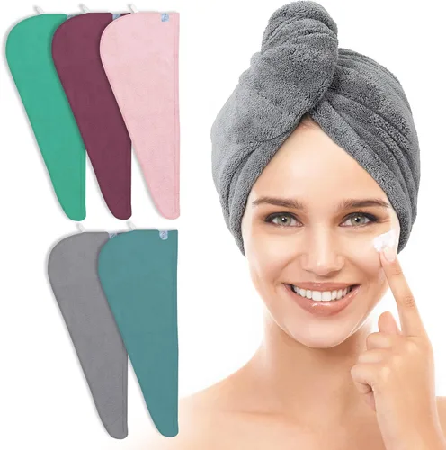 Miniatura 8 de TENSTARS Paquete de 5 Toallas de Microfibra Engrosadas para Cabello para Mujeres - Diseño de Lazo Elástico - 320GSM Terciopelo Coral - Turbante