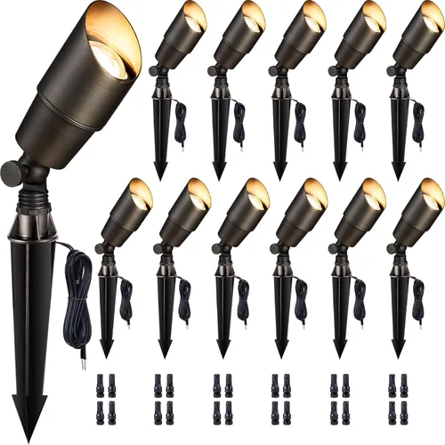 Miniatura 16 de Gardenreet Focos de paisaje de bajo voltaje – Luz LED de latón para exteriores de 12 V, focos con cable IP65 impermeables, bronce antiguo