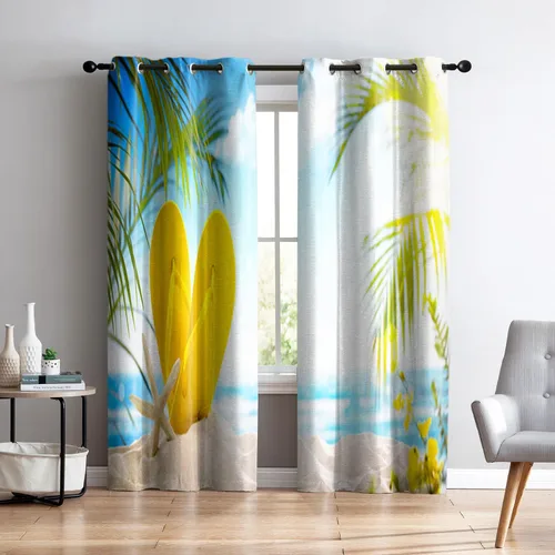 Miniatura 29 de Renaiss Cortinas opacas con diseño de mar tropical, nublado, cielo azul y verde azulado, estrella de mar transparente en playa arenosa, sala