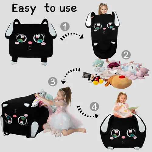 Miniatura 4 de Sillas de puf de conejo negro para organizador de habitación de niños, ideas de almacenamiento de animales de peluche, muebles de sala