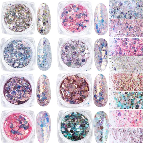 Miniatura 6 de Suministros de uñas holográficas con purpurina para uñas, decoración de uñas en polvo de sirena, lentejuelas brillantes 3D, dijes de manicura