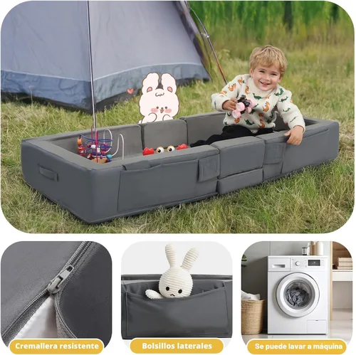 Miniatura 3 de ENITYA Cama de viaje para niños pequeños, portátil, plegable, de espuma suave, sin montaje, funda lavable, rieles de seguridad integrados, compacta