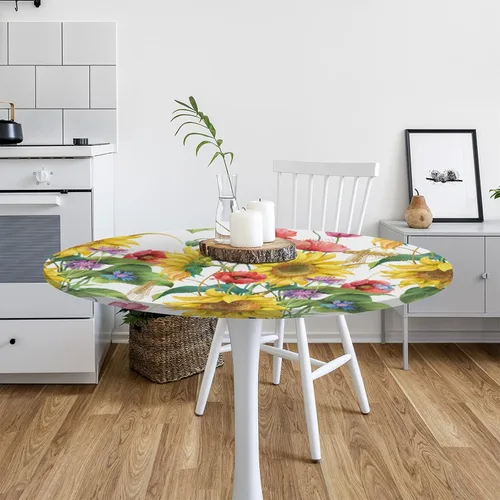 Miniatura 7 de Pardick Mantel redondo ajustable con flores, mantel redondo de cebada y amapola con borde elástico, impermeable, lavable, se adapta a mesas de hasta