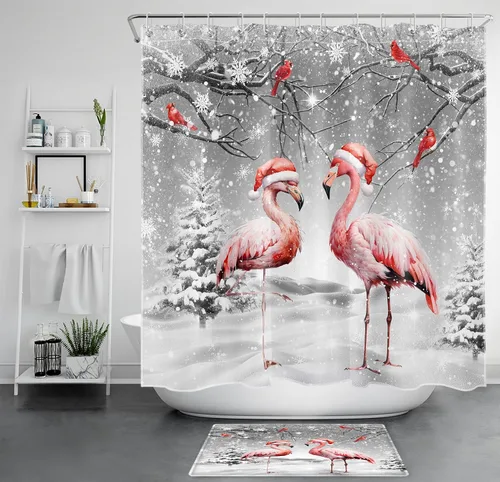HVEST Cortina de ducha de invierno de Navidad con alfombras de baño, flamenco rosa y cardenales en bosque nevado gris, cortina de ducha y tapete de