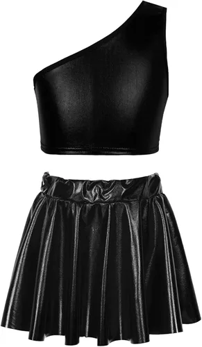 Traje de baile de jazz de hip hop metálico brillante para niñas y niñas, top corto de un solo hombro con falda falda plisada