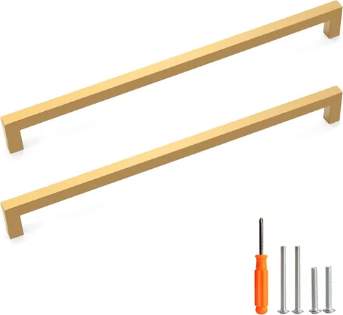 Miniatura 8 de Tiradores para gabinete dorados, manijas cuadradas para cajones, paquete de 2, manijas de acero inoxidable para cocina de 13-4/5 pulgadas, herrajes