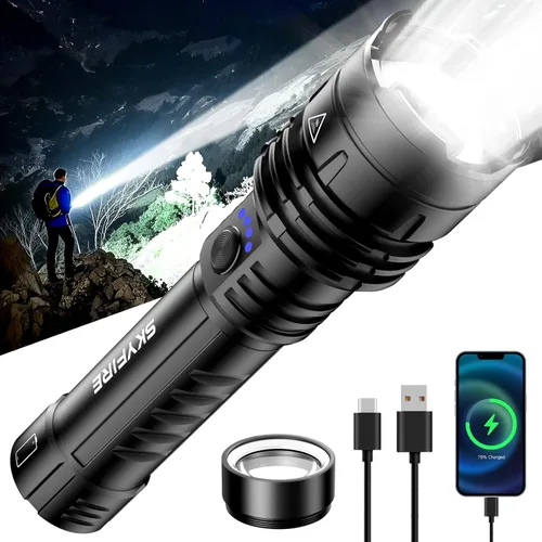 Miniatura 10 de SKYFIRE 1376 linternas LED con lente de encendido, recargable de 2000 lúmenes altos, luz de flash zoomable, 5 modos, impermeable, IPX6, potente