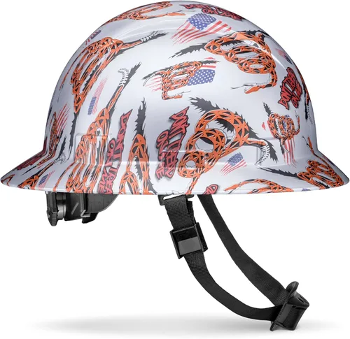 Miniatura 11 de Casco duro OSHA de ala completa sin ventilación con diseño de tatuaje/calavera con acabado mate con suspensión de 6 puntos Bandera estadounidense