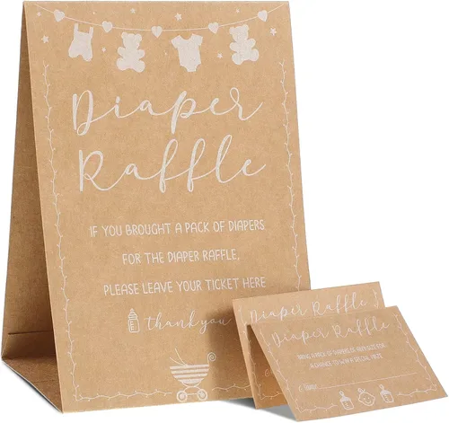 50 boletos para rifas de pañales y 1 letrero para juegos de baby shower, invitaciones para baby shower con tarjetas de sorteo de pañales, papel