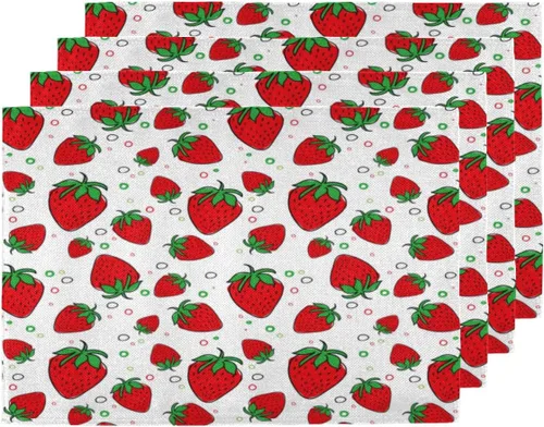Juego de 4 manteles individuales de fresas primaverales, lavables, impermeables, para fiestas, hogar, decoración de mesa de comedor, 18 x 12 pulgadas